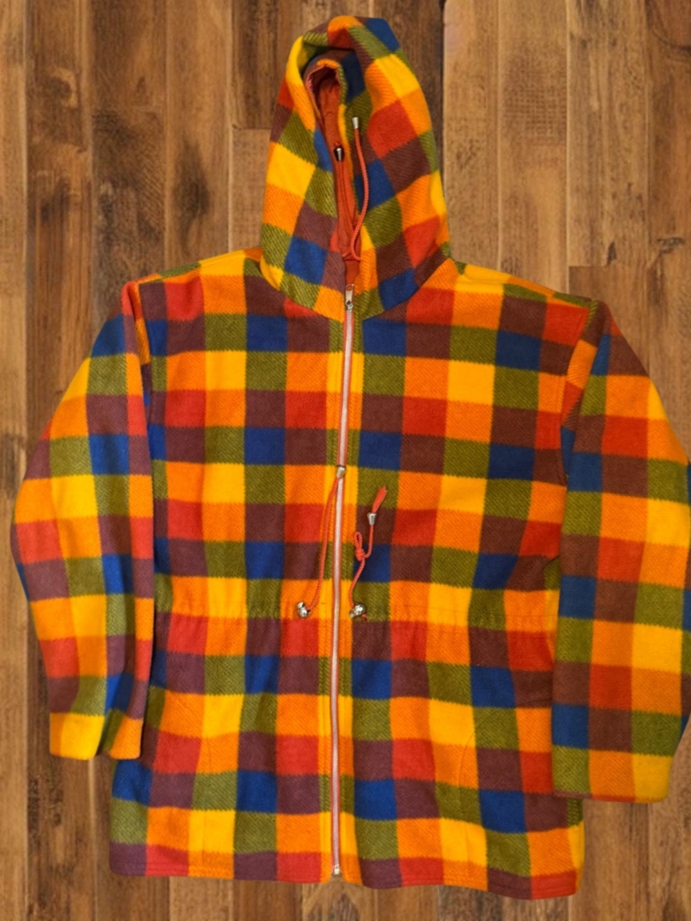 Vintage Rainbow Plaid Fleece Hooded Jacket Full Zip Retro Color Block Size L - Picture 3 of 6